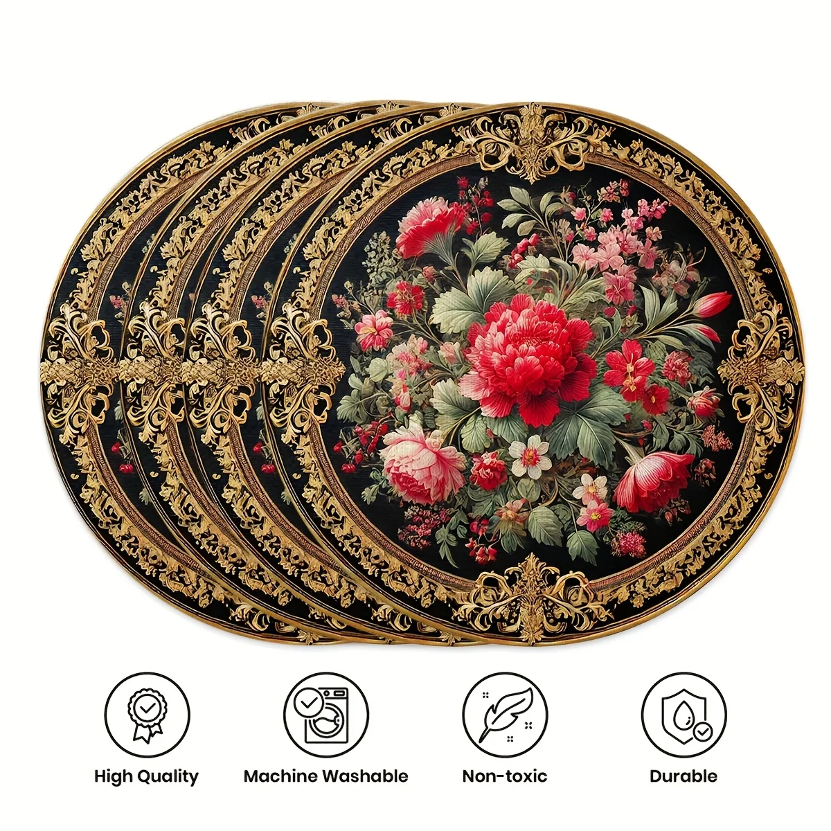 VIKAMA 4PC Black Gold Light Luxury Meal Mat Anti scald Mat Red Powder Flower Table Decoration and Accessories