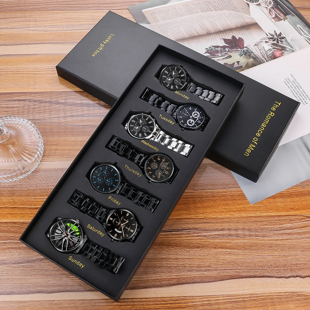 Men 7‑Pcs Watch Daily Casual Quartz Kit Clean Classic Dial Mirror‑Polished Metal Band Well‑Crafted Male Present Storage Box