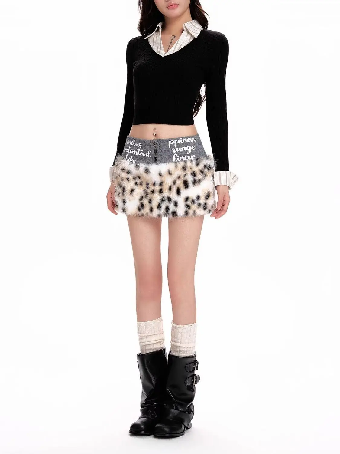 미국식 대조적인 레오파드 프린트 섹시 로우라이즈 플러시 숏 스커트 여성용 가을 겨울 스파이스 걸스 A라인 힙 스커트