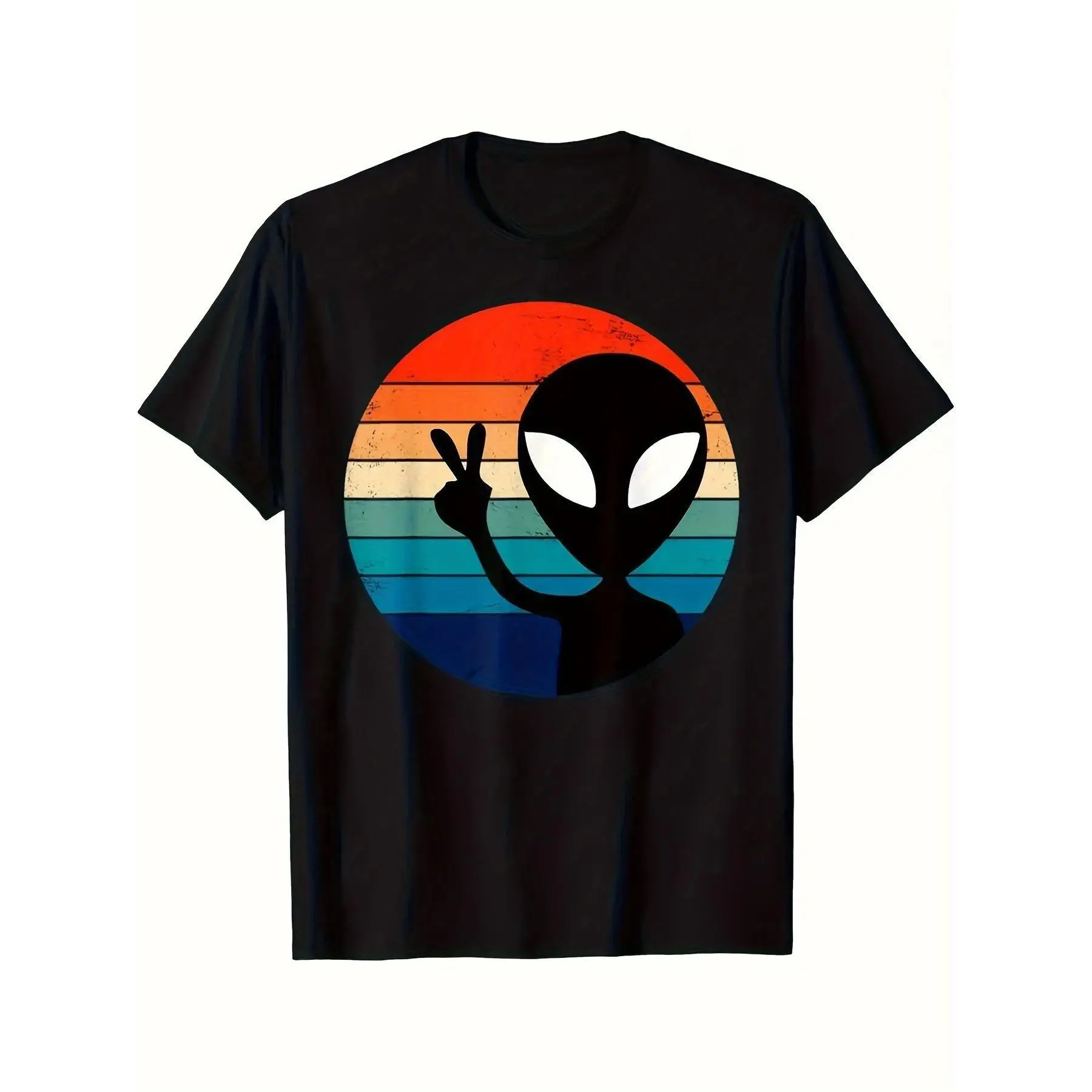 

Retro Alien Peace T-Shirt - Vintage Sunset Space Graphic Tee, Sci-Fi Extraterrestrial Gift for Men Women, Cool Unisex Casual Top