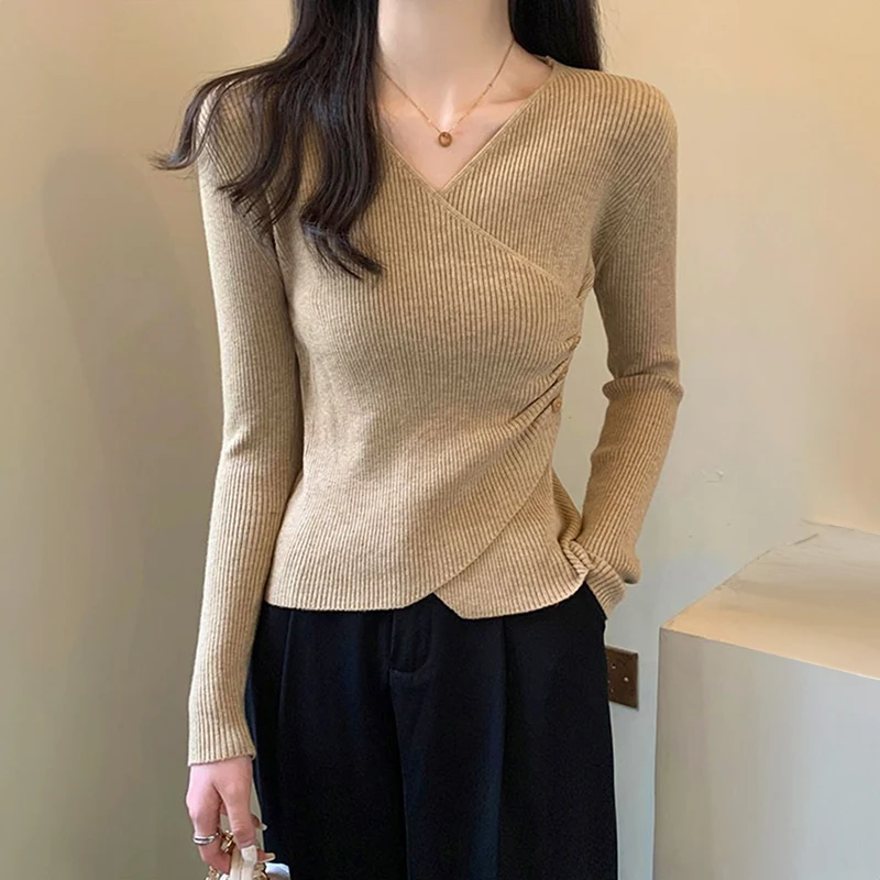 Surplice Sweater for Women Pullovers Ribbed Knit V-Neck Long Sleeve Button Side Plain Jumper Teen-girl Fall Winter Basic Outfit