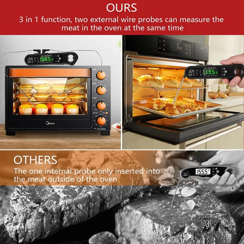 Termômetro de carne digital 3 em 1 com 2 sondas com fio removível, calibração, função de alarme