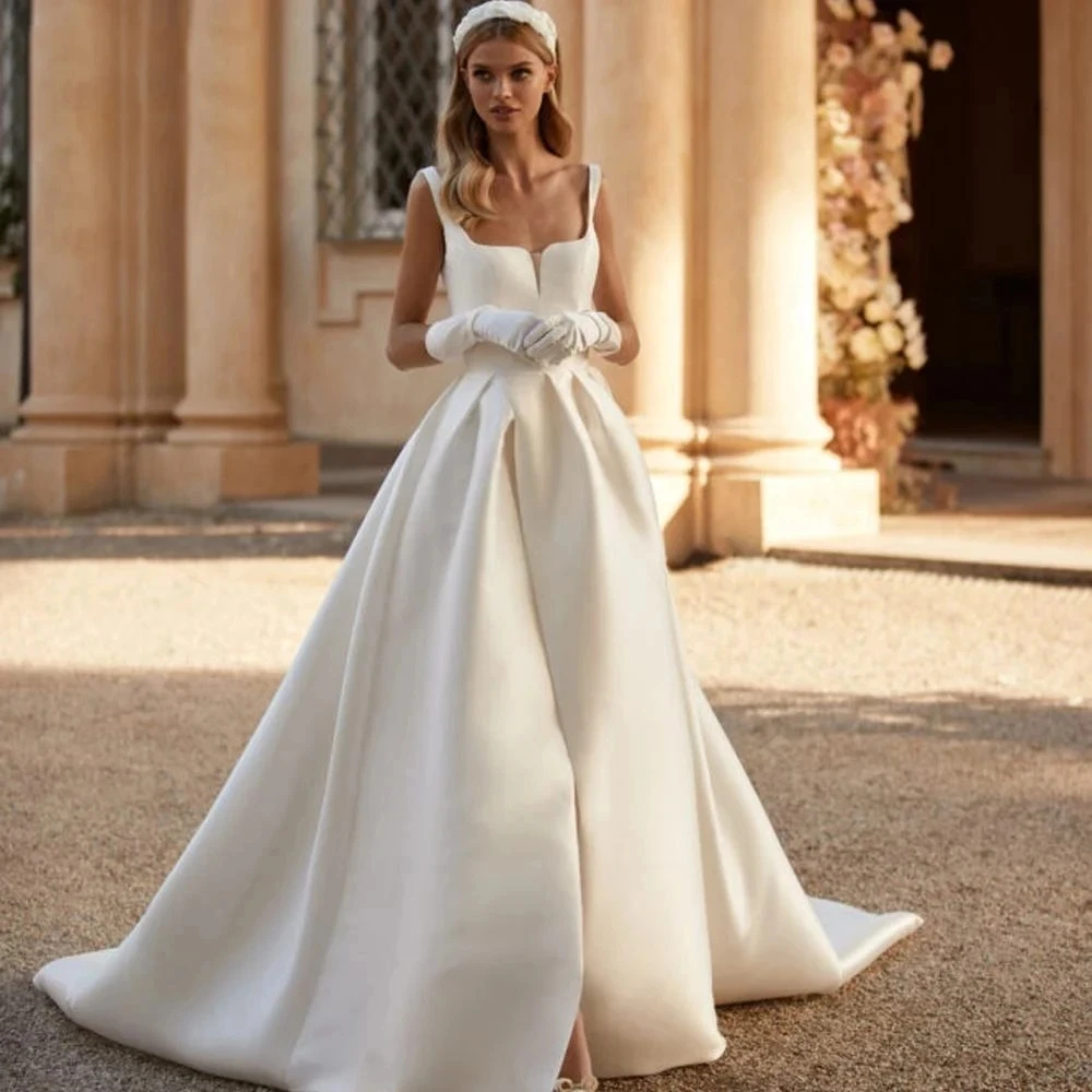 Abiti da sposa glamour 2024 a-line colletto quadrato abiti da sposa abiti in raso per la lunghezza del pavimento della festa formale Vestidos De Novia