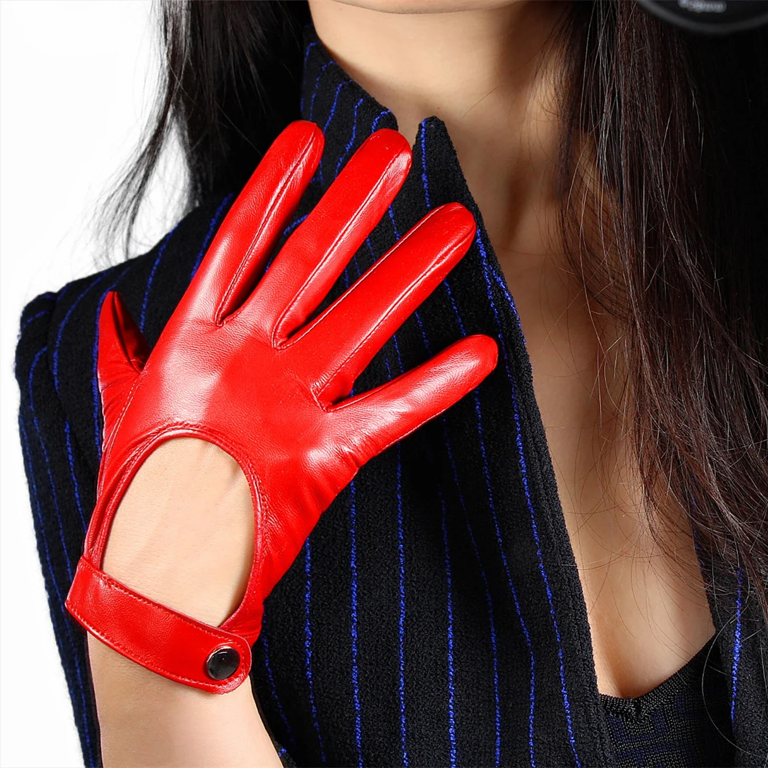 Women's Car Driving GLOVES Red Leather Genuine Sheepskin TECH Short Wrist Motorcycle Glove Belt with Button Closure Costume