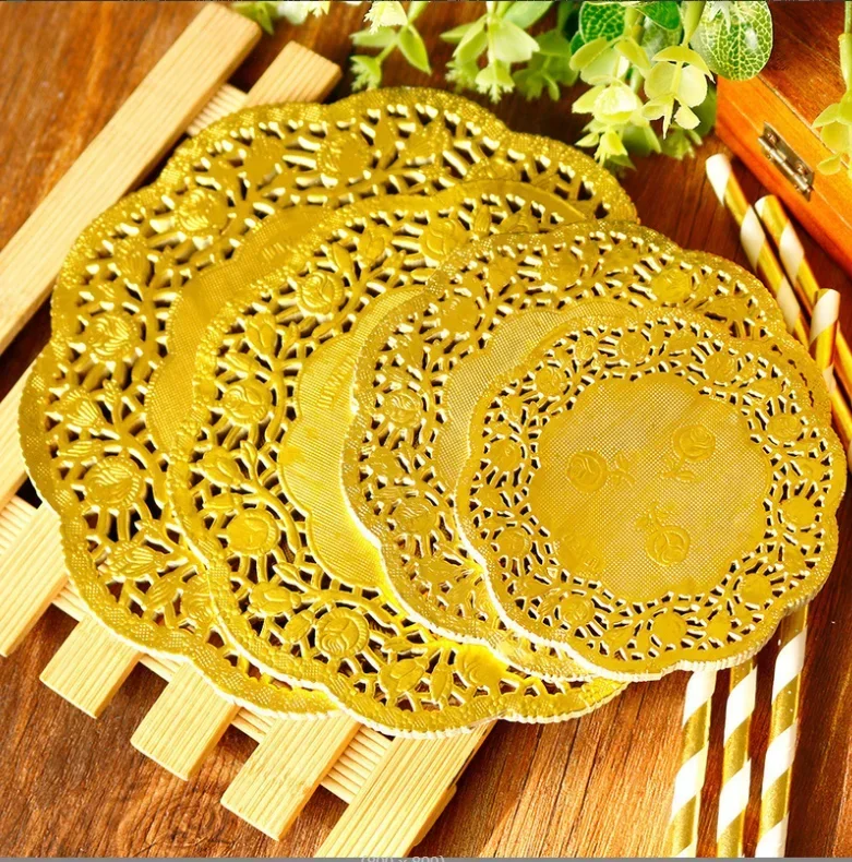 50PCS Gold Silver Lace Paper Pad Paper Cake Oil Absorbing Food BBQ Kitchen Baking Flower Paper