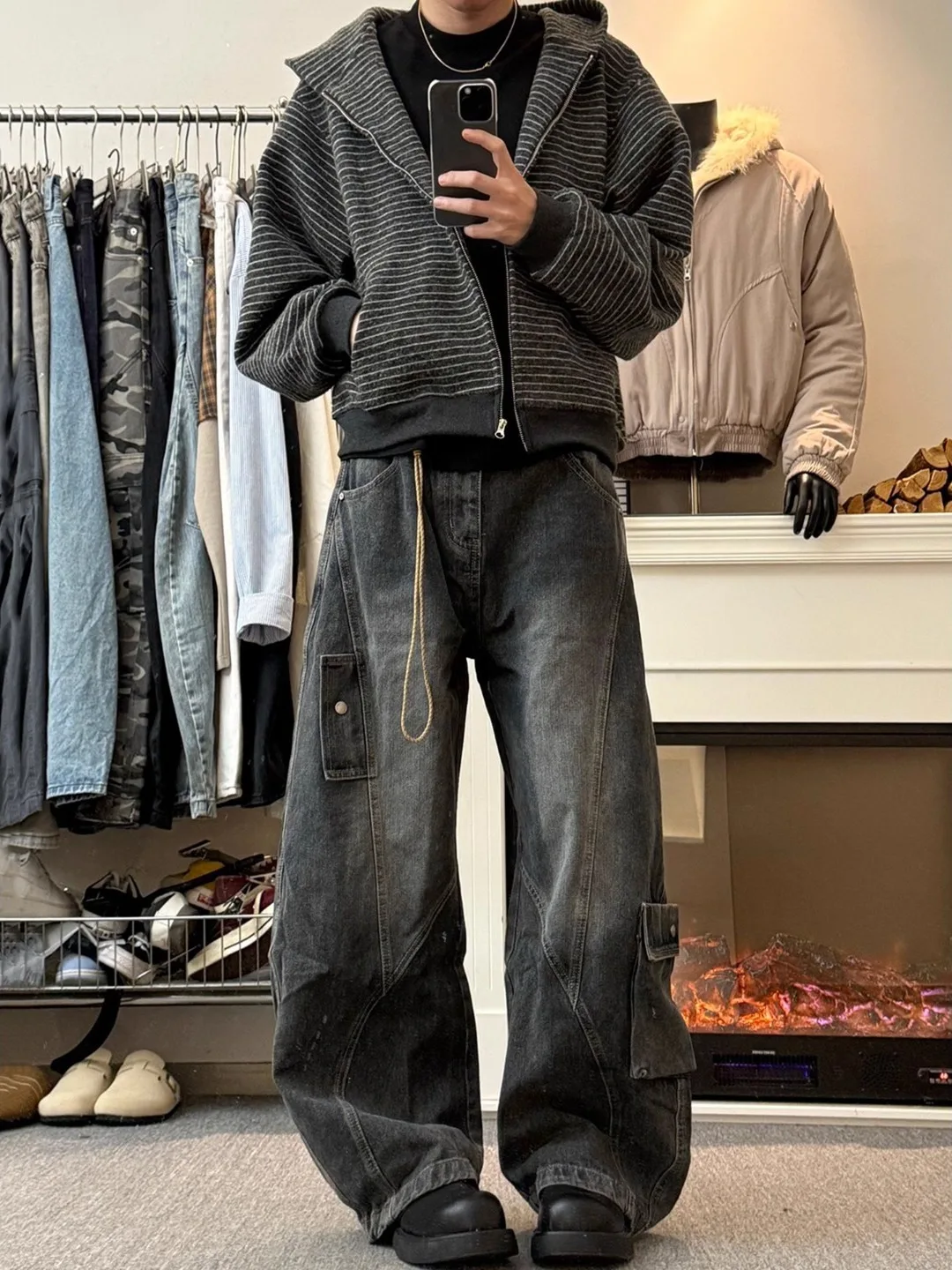 

Bla Baggy Straight Leg Workwear Pants Men's Autumn Cleanfit Denim Jeans Wide Leg Casual Trousers with kets Loose Fit