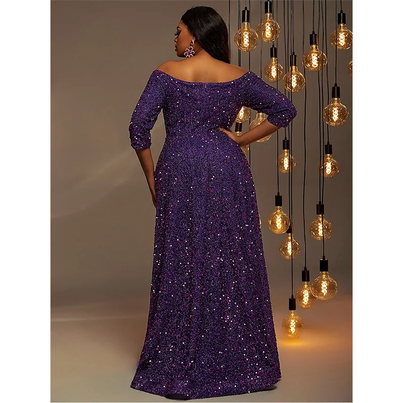 Plus Size, Strapless Evening Dress with Sequins, Plus Size, Sparkling, Lotus Leaf, Swing, Wedding Banquet,4XL, 5XL