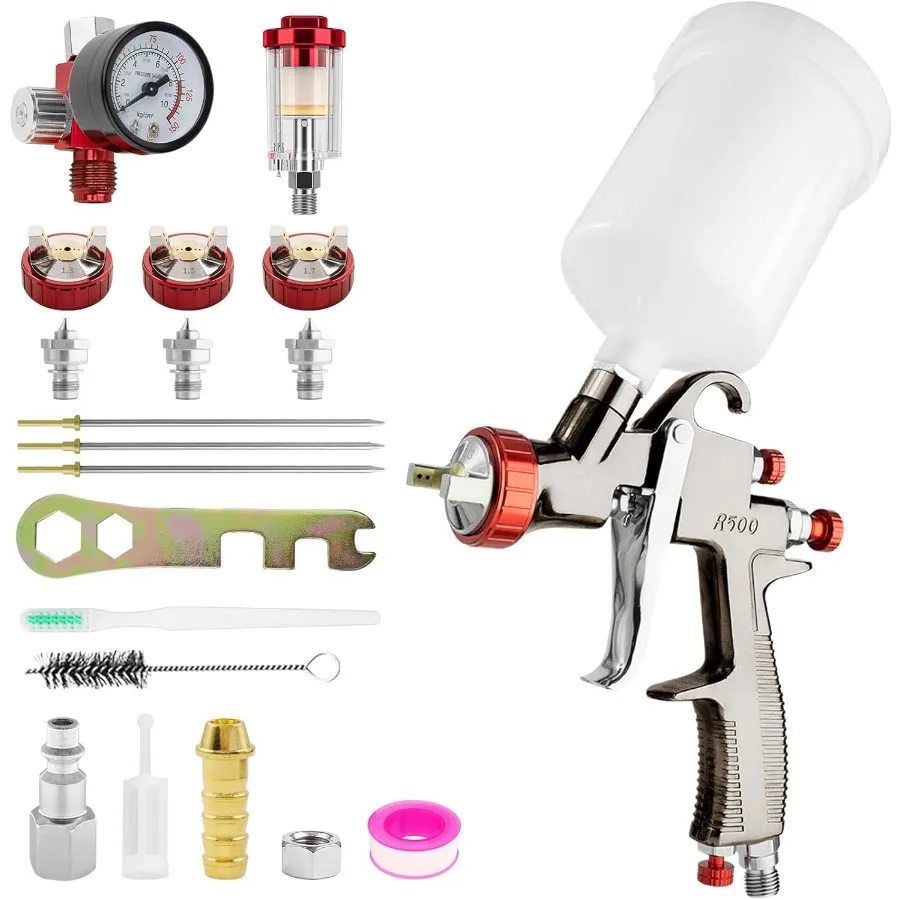 

Пистолет-распылитель R500 LVLP премиум-класса с соплами 1.3/1.5/1.7 мм и регулятором давления воздуха, для покраски автомобилей, модель R500