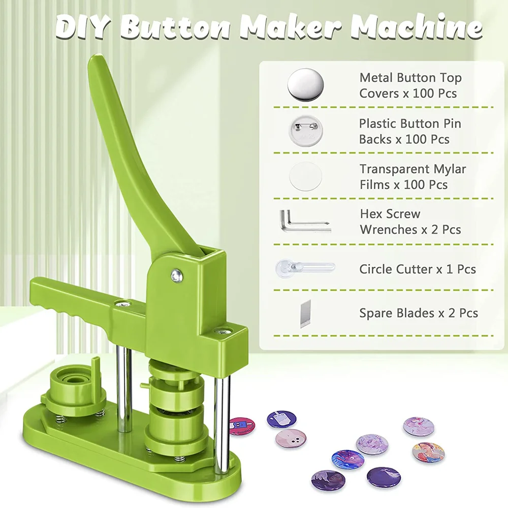 Letcart Machine à Badges 25 32 58mm Boutons Maker Diy Pin Maker Machine, Diy Badge Press Machine Avec 300 PièCes De Bouton, Joints D'Image Et De Coupe Pour Badges PersonnaliséS (Vert