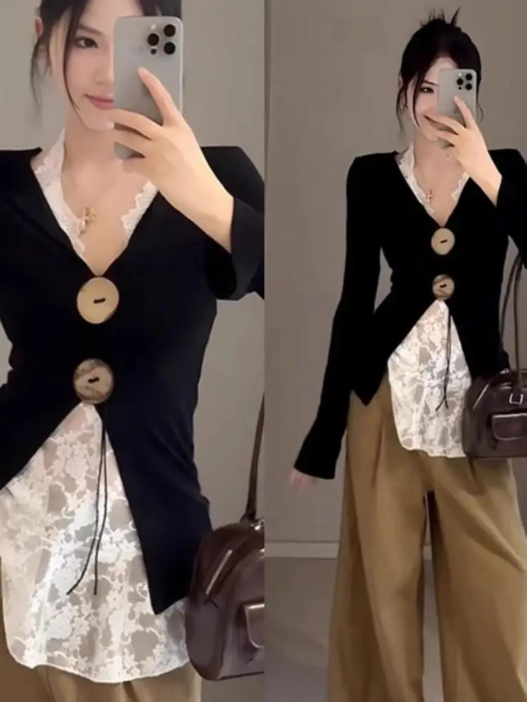 Y2k Button V-neck Long-sleeve Tops Women Fall Hanging Neck Lace Inner Layering Two-piece Set Slim Tshirts Shirt Design Outerwear