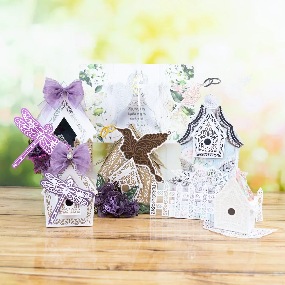 Dragonflies Botanical Fantasy Delicate Birdhouse Nested Dove Picket Fence Metal Cutting Dies Stamps Stencil Diy Scrapbooking