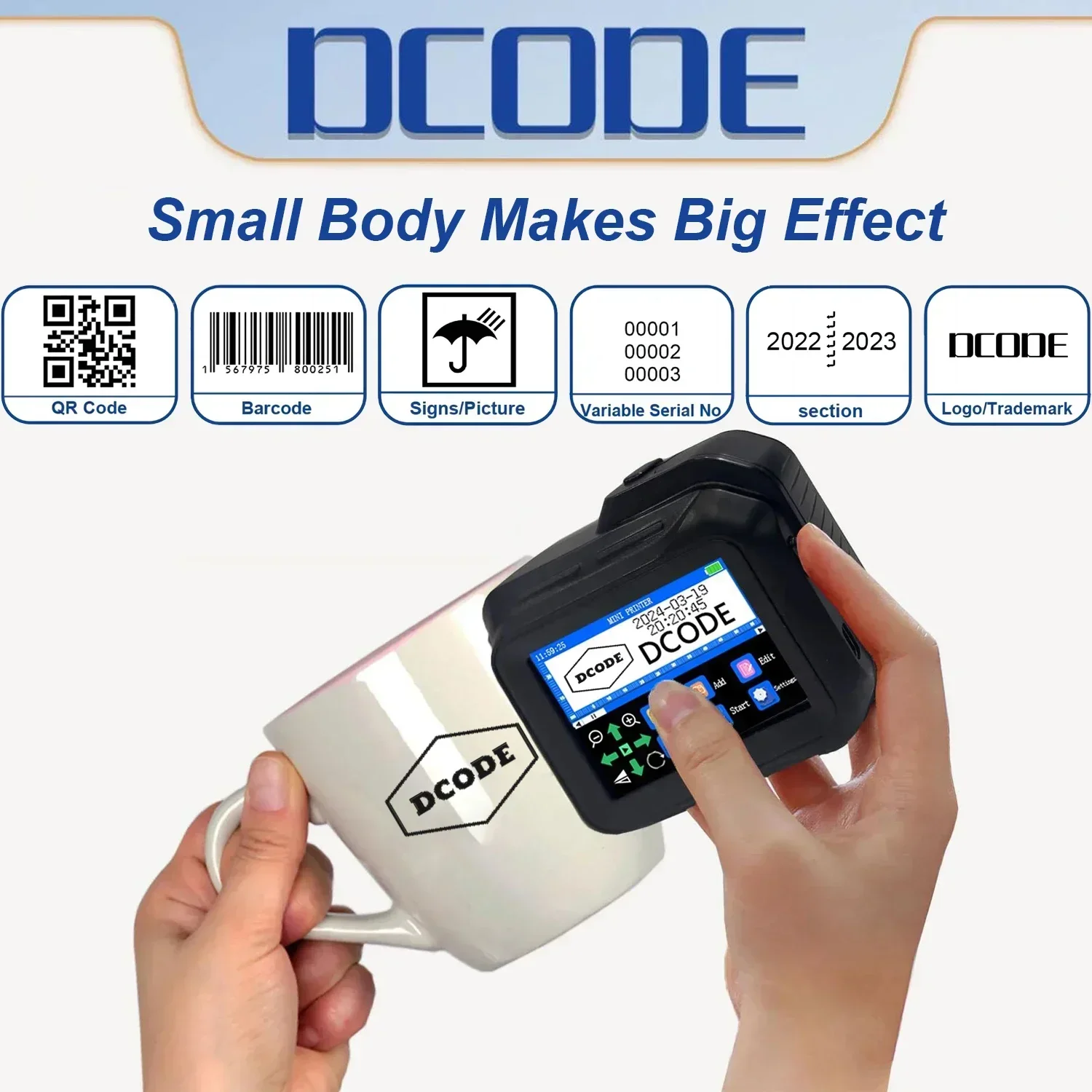 DCODE DC98 Mini Portable 12.7mm Handheld Thermal Inkjet Printer Non-encrypted QR Barcode Counter Logo Date Label Coding Machine