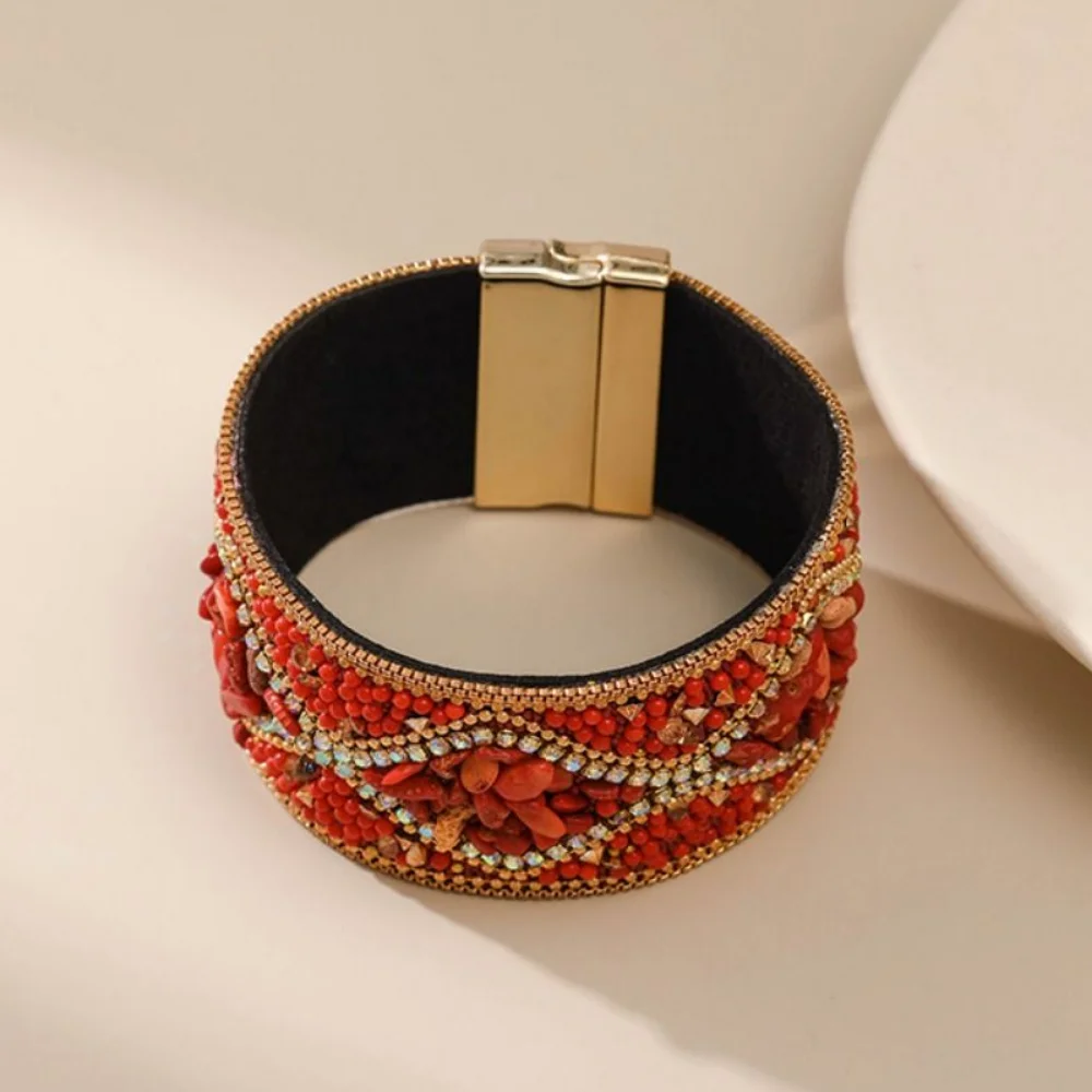 Ethnic Style Magnetic Clasp Bracelet Bohemian Stone Beads Rhinestone Women's Bracelet Flower Pattern Magnetic Closure