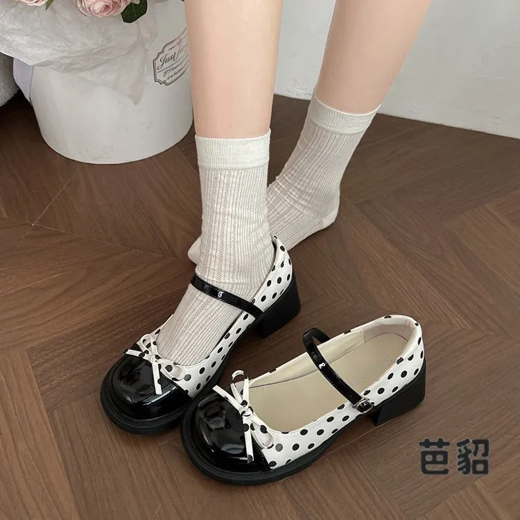 ポルカドットチャンキーヒールメリージェーンシューズ女性の夏の新しいスタイル花柄ハイヒールシングルシューズ滑り止めラバーソール