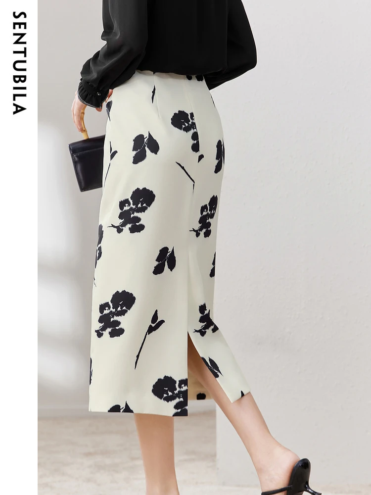 SENTUBILA Elegant Floral Pencil Skirts for Woman 2024 Autumn Office Ladies Midi Slit Print Skirt Women Simple Clothing M33Q50195