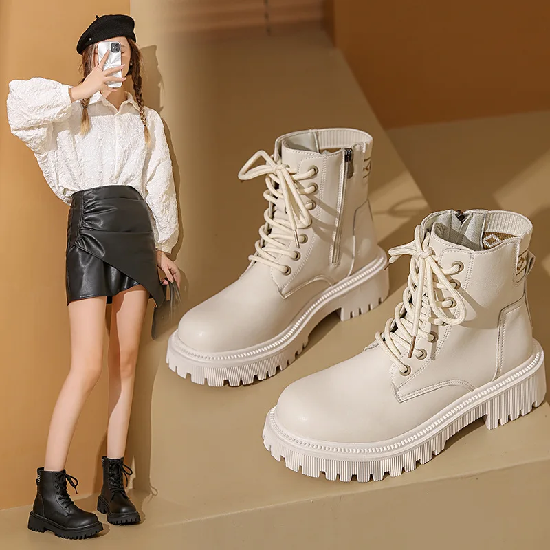 2024 Hot Sale Shoes Female Lace Up Women's Boots Autumn Round Toe Solid Short Barrel Platform Fashion Korean Style Naked Boots