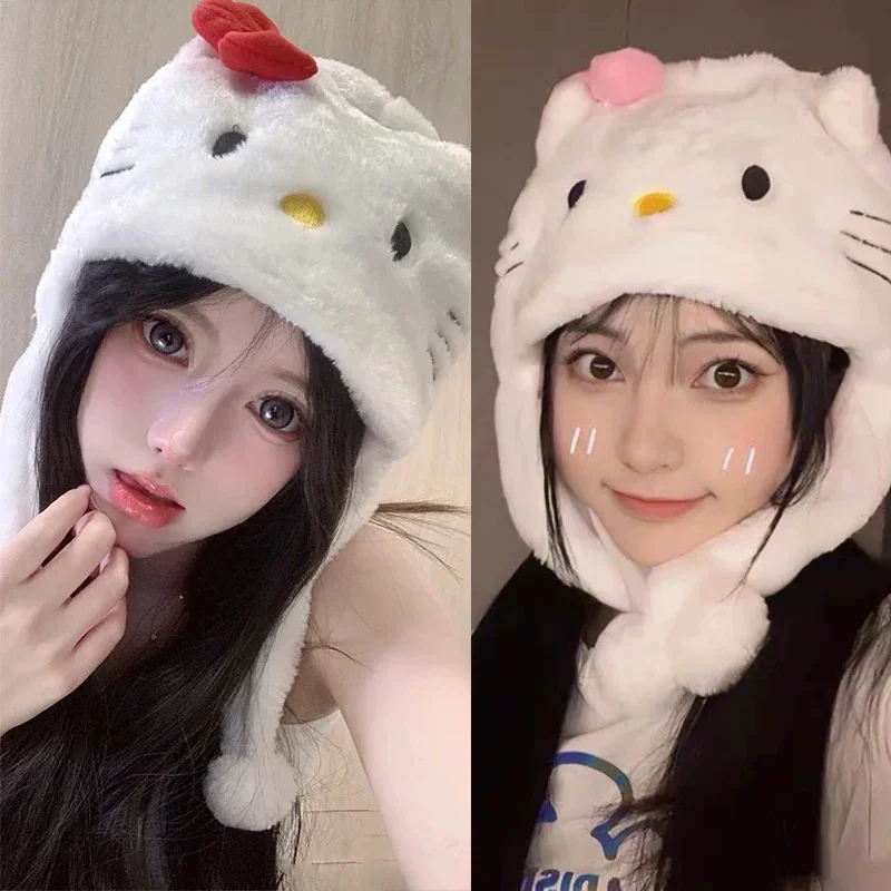 Kawaii KT Cat Winter Plush Cap Cute Cartoon Hello Kitty Pullover Hat Thickened Warm Ear Protection Riding Hat For Girl Gifts