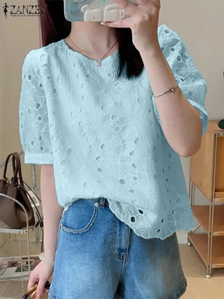 ZANZEA Fashion Puff Sleeve Blouse Korean Women Floral Hollow Out Tops 2024 Summer Lace Embroidery Tunic Elegant Solid Shirt