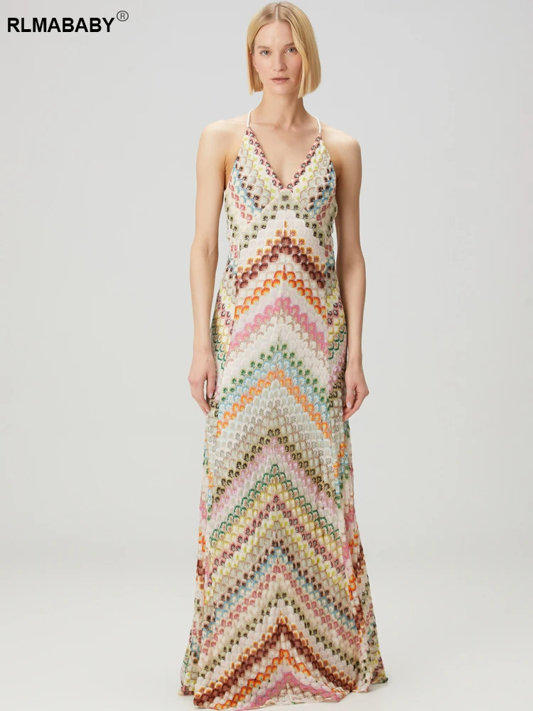 RLMABABY مثير عارية الذراعين السباغيتي حزام المرأة Bodycon فستان طويل ثوب الخامس الرقبة بلا أكمام التباين اللون البوهيمي سليم ماكسي فستان