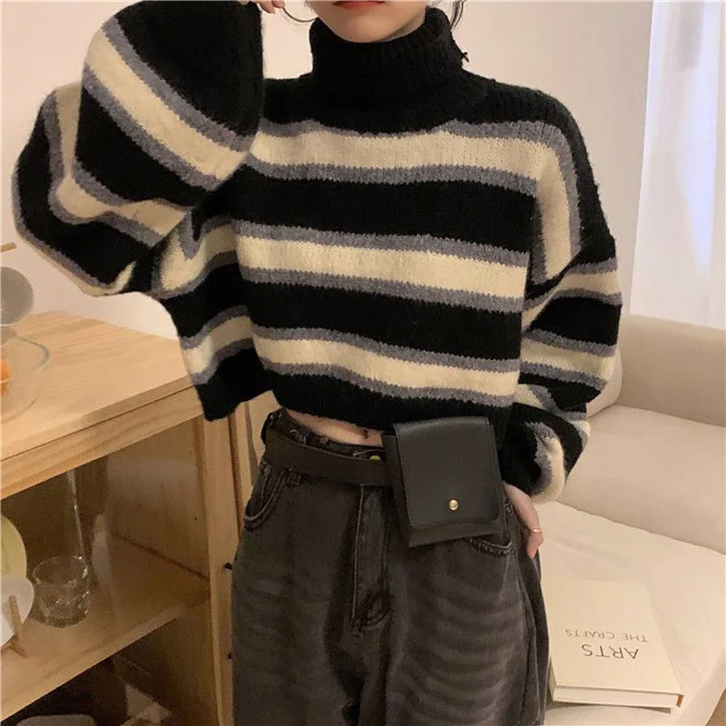 MEXZT Sweater Women Sexy Cropped Turtleneck Striped Pullovers Streetwear Korean Loose Long Sleeve Knitted Sweater Chic Lady Tops