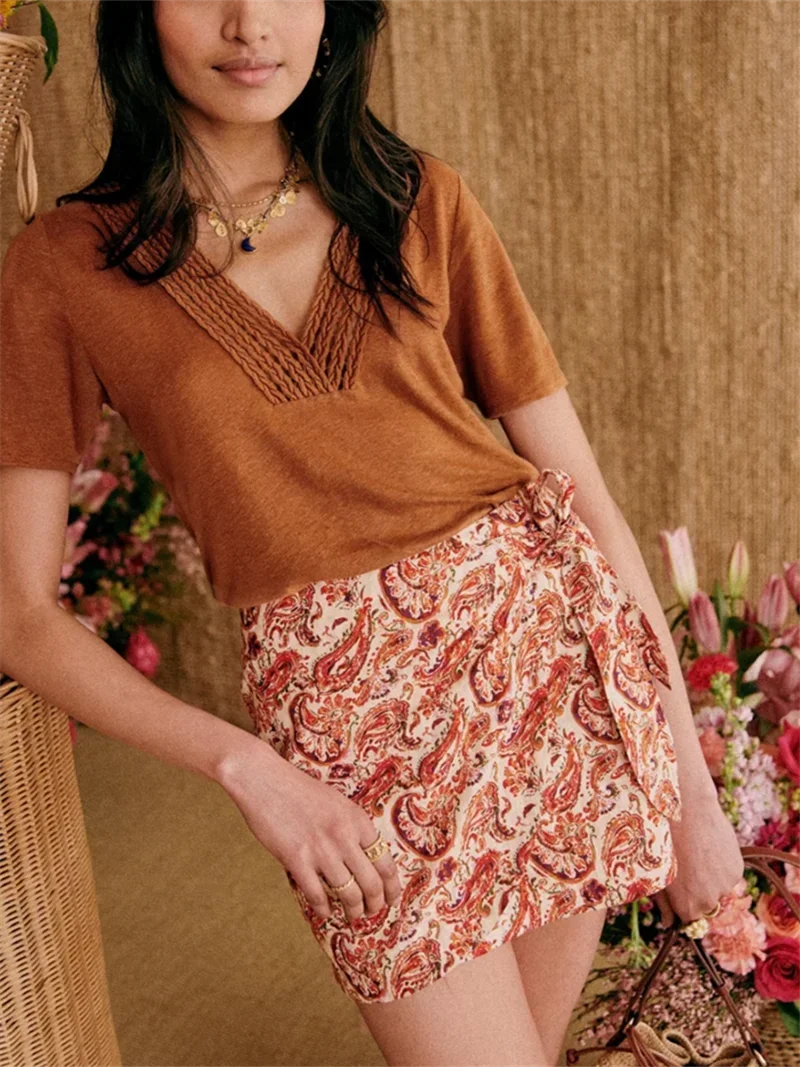 Falda de Cachemira Floral para mujer, Mini Jupe asimétrico con cordones Vintage de cintura alta, novedad de 2024