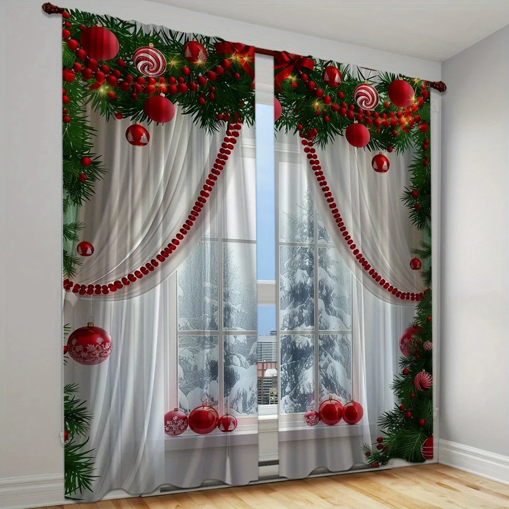 2-Piece Set Christmas & Green Leaf Digital Print Curtains - RodPocket Design For Living Room, Bedroom, Kitchen, And Office Decor