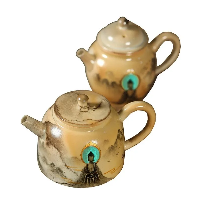 Firewood burning hand-painted Dunhuang teapot pure handwritten fragments Rock mine tea brewer ceramic kung fu single pot