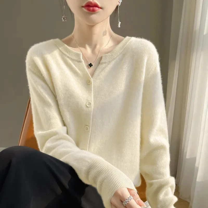 

WinvyNee Women 100% Wool Cardigans Sweater Solid Casual Warm Outerwear Knitwear Tops 2025 Autumn Winter Women Clothing