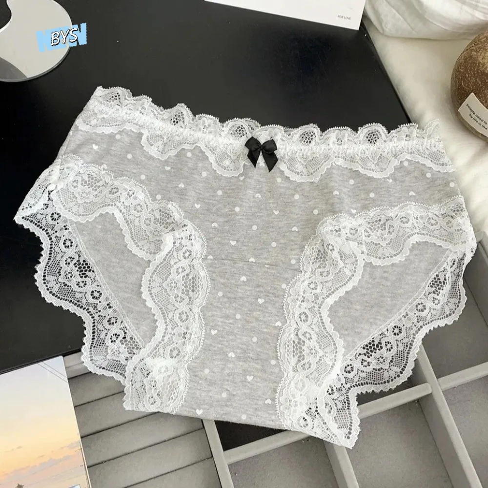 

Breathable Mid Waist Sweet Lace Panties Tulip Bow Lace Flower Briefs Polka Dot Grid Underwear for Women Female