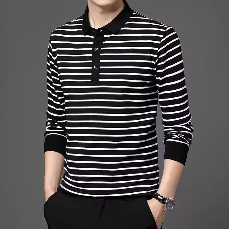 Spring and Autumn New Men\'s Long Sleeve T-shirt with Polo Collar Black and White Stripes Top Youth Casual Male Comfortable Shirt