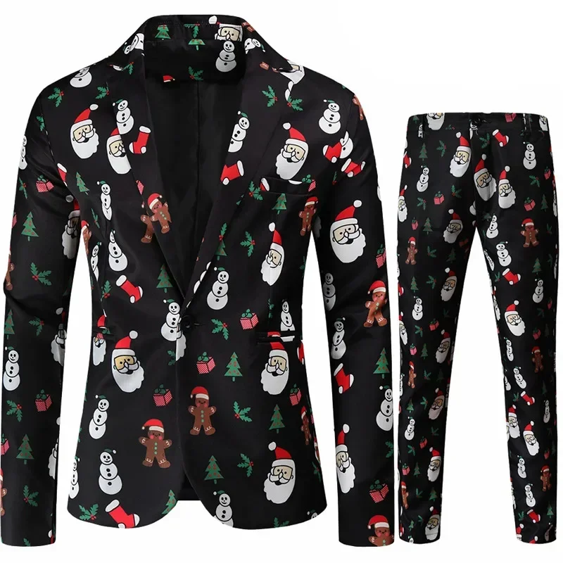 Red Printed Two-piece Men\'s Christmas Suit (Jacket + Pants) Stylish Male Blazer Coat with Trousers Black Green Blue S-4XL