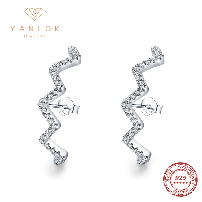 

YANLOK Genuine 925 Sterling Silver Dazzling Stone Wave Long Stud Earrings For Women Wedding Statement Bijoux Accessories