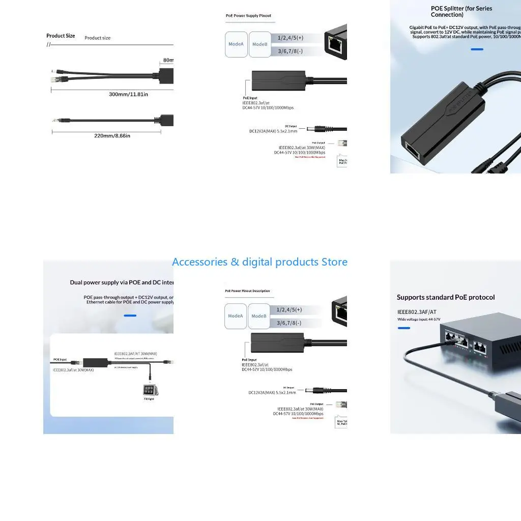 77JD DC48V POE to DC12V Adapter POE Splitter 10/100/1000Mbps Gigabit Support