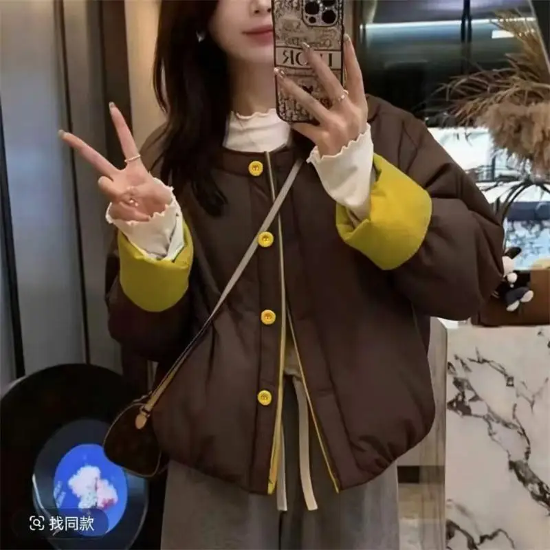 

Retro Round Neck Contrasting Color Cuffs Cuffed Cotton Jacket for Women, 2025 Autumn and Winter New Fashion Versatile Loose Cott