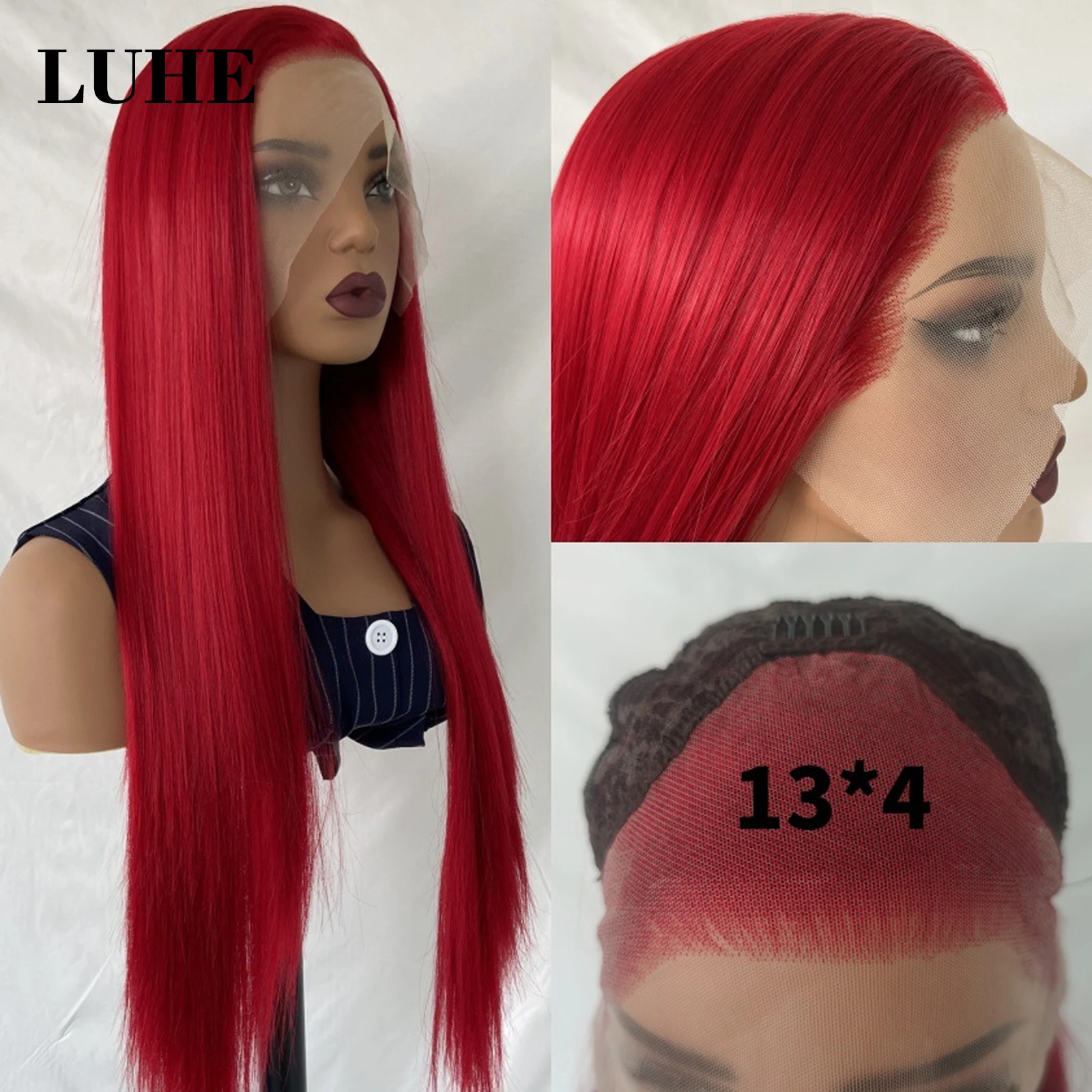 Red Colored 13x3 Synthetic Hair Lace Front Wigs for Black Women 26Inch Long Straight Heat Resistant Fiber Hair Lace Frontal Wigs