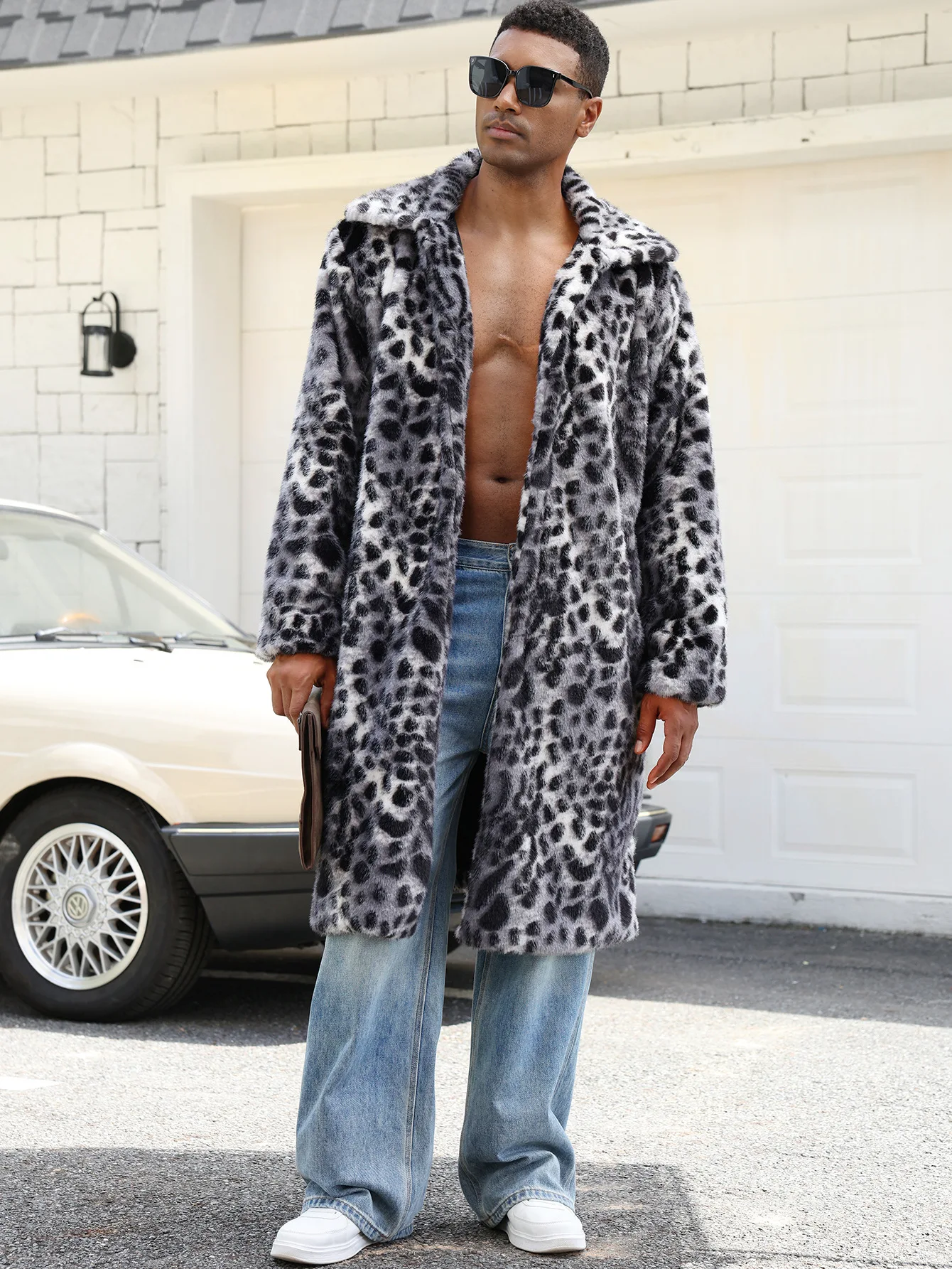 Kurtki zimowe 2025, grube, ocieplane, wydłużone płaszcze, futrzane, puszyste, długie płaszcze, odzież wierzchnia, retro męskie kurtki ze sztucznego futra w panterkę.