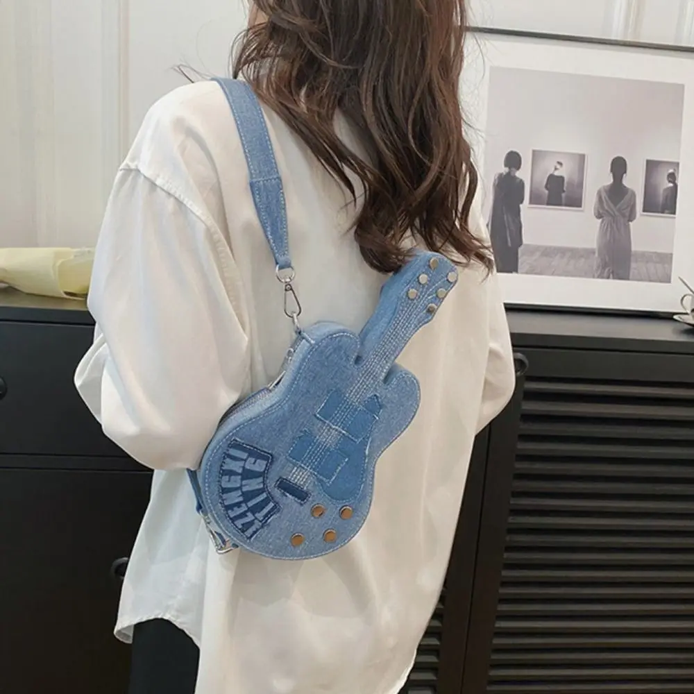 

Portable Vintage Guitar Crossbody Bag Large Capacity Casual Denim Canvas Bag Handbag Y2k Jeans Messenger Bag Students