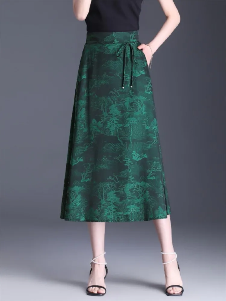 

ZUZK Fashion Jacquard A-Line Skirt Summer Thin Style New Elastic High Waist Slimming Mid Length Hanging Umbrella Skirt