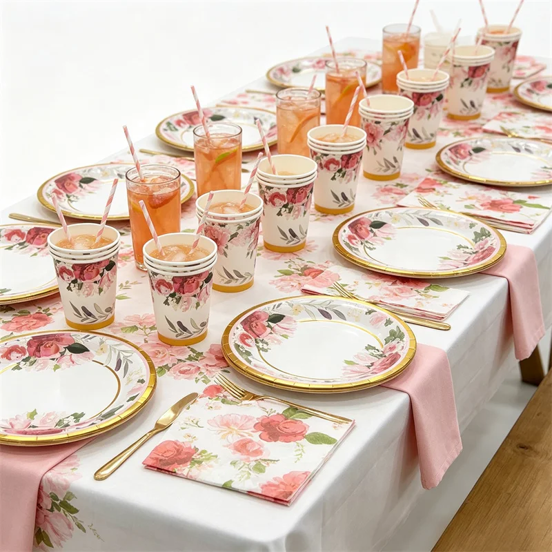 Rose Floral Gold Rim Disposable Tableware Paper Plates Cups Napkins Wedding Bridal Shower Birthday Garden Party Table Supplies