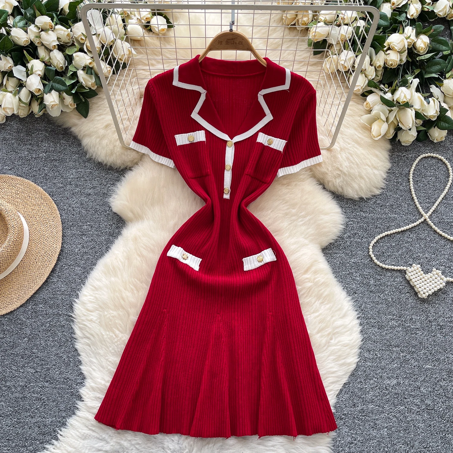 فستان Foamlina Chic ذو كتلة ألوان وياقة بيتر بان فستان بناتي بأكمام قصيرة وزر معدني وخصر مقصوص بقصة ضيقة فستان قصير على شكل حرف a