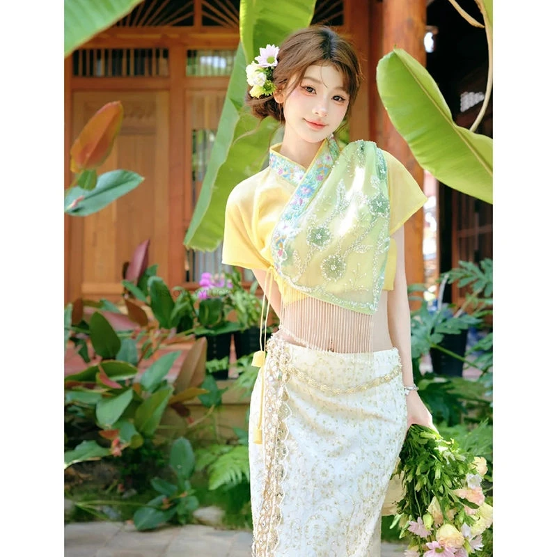 

Southeast Asian Style Dai Minority Patchwork Thailand Clothing Elegant Printing Ethnic Clothes Women Cosplay Thai Clothing