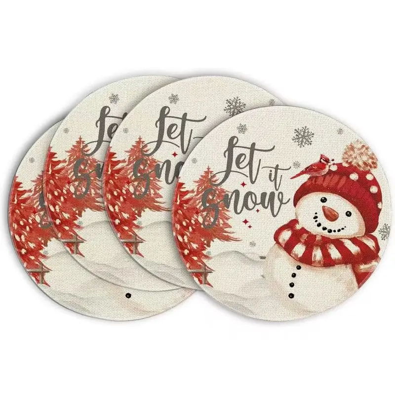 Rice Based Snowman Circular Christmas Placemat, Wear-Resistant Plate Mat, Home Dining Table Decoration Placemat