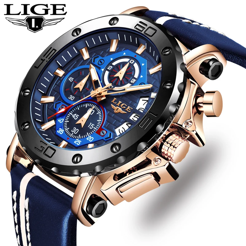 

LIGE Men Watch Fashion Sports Leather Watches Mens Luxury 30M Waterproof Quartz Watch for Men Chronograph Date Relogio Masculino