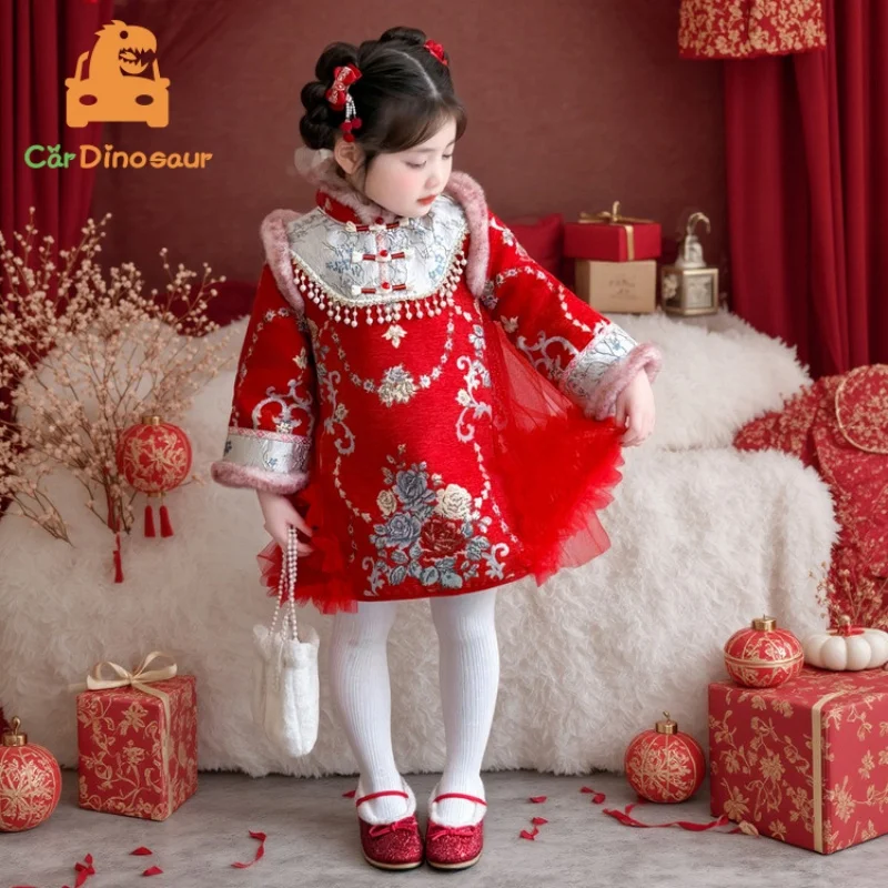 Girls Cheongsam Winter Children Clothes Thickening Kids Tangsuit Baby Traditional Chinese Sping Festival Ethnic Dress With Bag