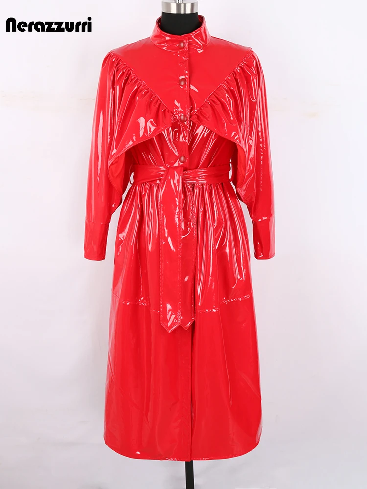 

Autumn Long Reflective Shiny Red Soft Faux Leather Coat for Women Sashes Ruffle Sleeves Buttons Up Luxury Emo European Fashion