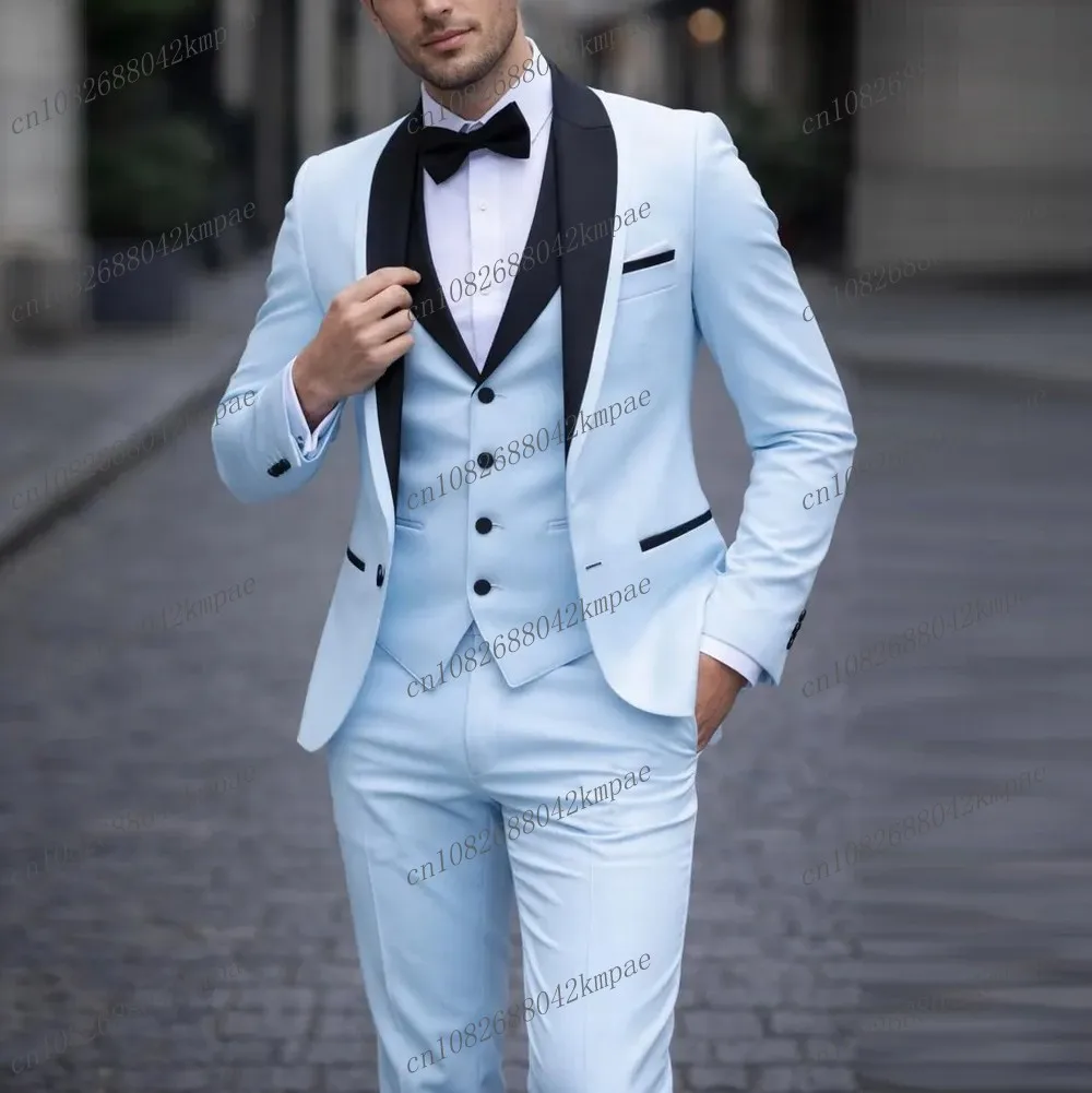 

Black Collar Sky Blue Formal Men Suit Groom Groomsman Wedding Party Prom Male Business Tuxedos 3 Piece Set Blazer Vest Pants