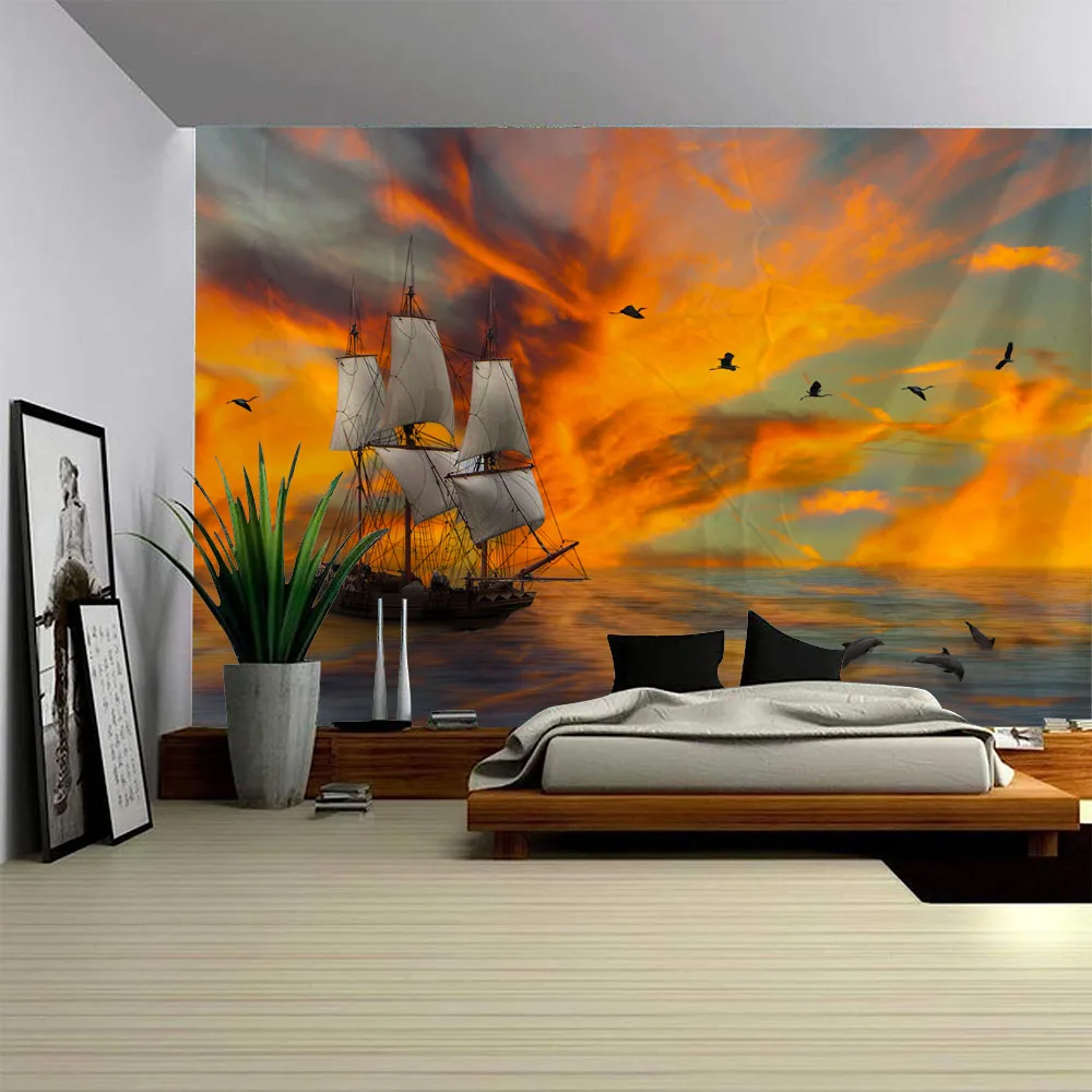 Navigation landscape tapestry sailboat psychedelic night scene fabric hanging painting home bedroom living room wall decoration
