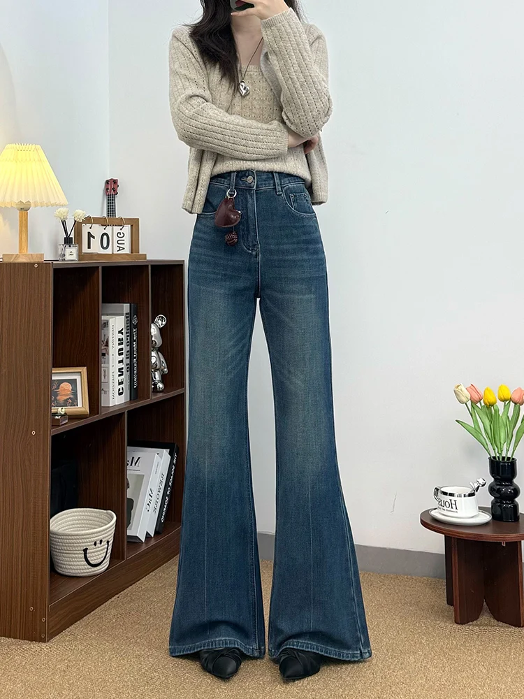 

Faionable с высокой талией на подкладке, джинсовые джинсы-колокольчики, женские утягивающие универсальные осенне-зимние новые джинсы в стиле ретро Hong Kon...