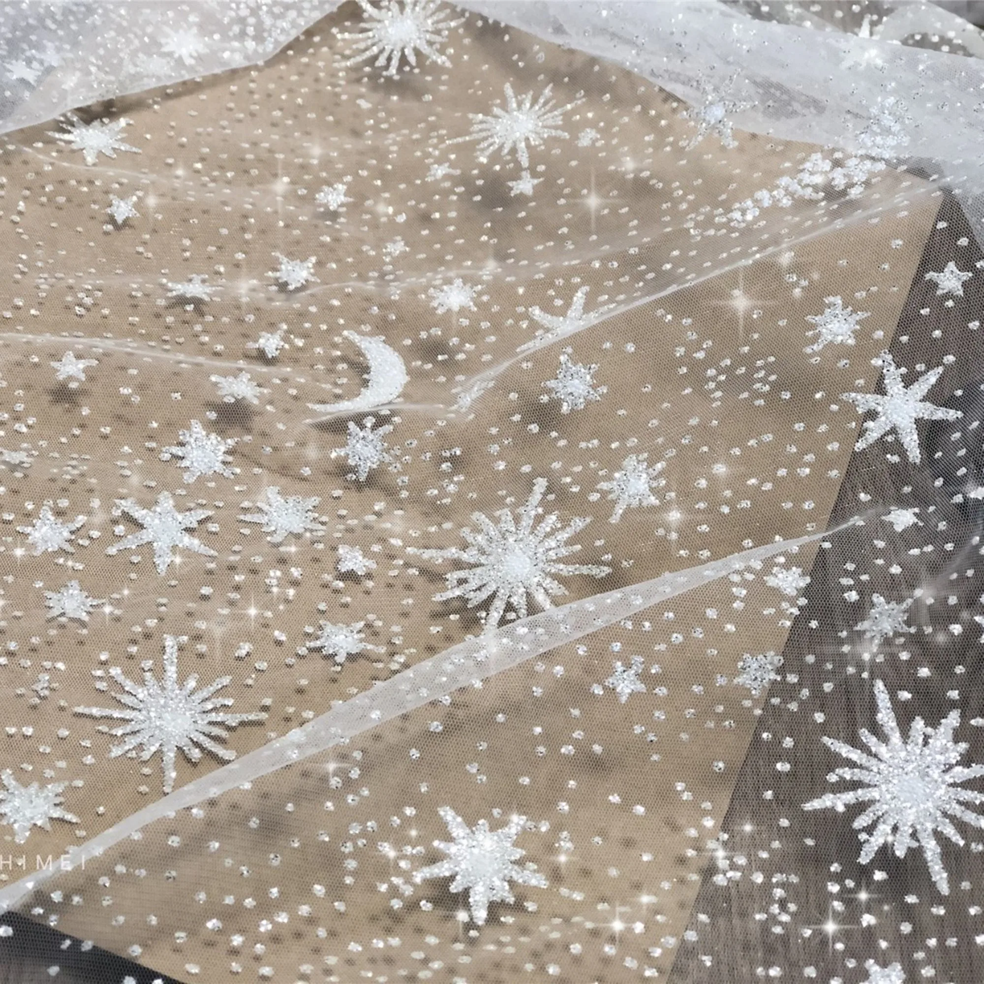 

Width 59.05'' ivory lace fabric,star and moon lace fabric,beaded soft mesh fabric,Sequins lace fabric,lace for DIY dress