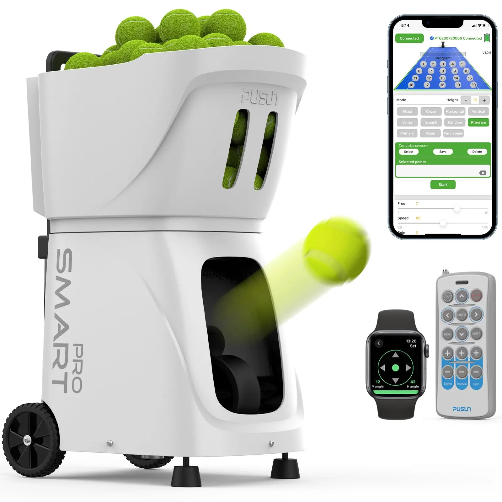 PT-SAMRT Pro-Internal Spin Tennis Ball Machine - Smart App Control - 100+ Ball Capacity - Professional Training Equipment - Real